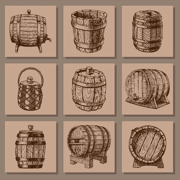 Barril de madeira vintage velho esboço desenhado à mão recipiente de armazenamento bebida líquida fermentação destilaria tambor de carga lager vetor ilustração . —  Vetores de Stock