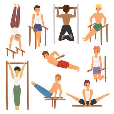 Karikatür yatay yapamadın sokak egzersiz güçlü atlet vektör adam spor yaparken egzersiz sokak sıkı çalışma bar tricks kas fitness sportman karakter çizimi