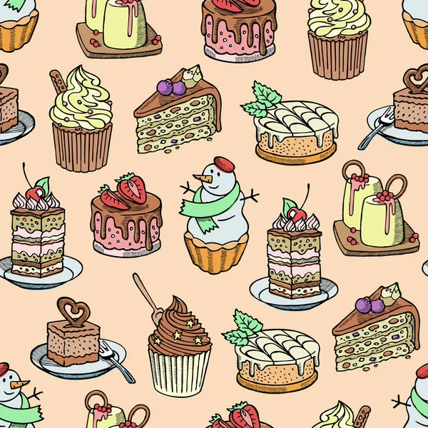 Pasteles y cupcakes vector pedazo de pastel de queso para la fiesta de cumpleaños feliz pastel de chocolate horneado y muñeco de nieve de postre de panadería conjunto ilustración patrón sin costuras — Vector de stock