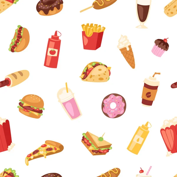 Comida rápida vector nutrición hamburguesa americana o hamburguesa con queso no saludable comer concepto basura comida rápida bocadillos hamburguesa o sándwich y soda bebida ilustración sin costuras patrón de fondo — Vector de stock