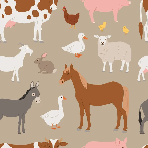 Diferentes animais vetor de fazenda em casa e pássaros como vaca, ovelha, porco, pato fazenda conjunto ilustração sem costura padrão fundo — Vetor de Stock