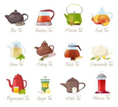Beyaz arka plan üzerinde izole kafede kümesi yeşil veya siyah çay içme çaydanlık resimde vektör puer-çay ve rooibos veya matcha meyveli içecekler