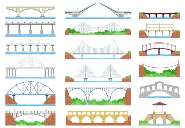 Puente vector urbano crossover arquitectura y puente-construcción para el transporte ilustración puente conjunto de río puente-construcción con calzada aislada sobre fondo blanco — Vector de stock