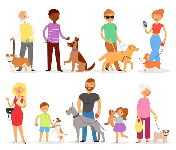 Chov psů vektorové lidé s pet a žena nebo muž-chovatel psů s psa nebo štěně ilustrace doggish sadou děti holka nebo kluk hrát s psí postava izolovaných na bílém pozadí — Stockový vektor