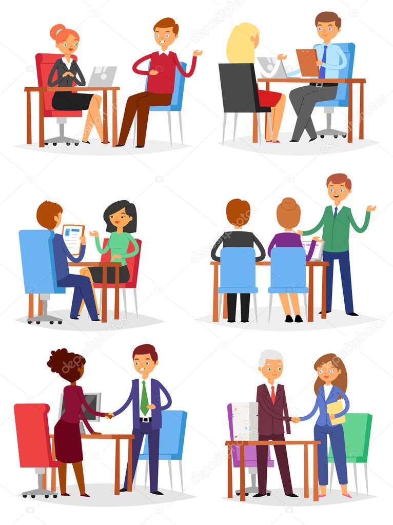 Interview vector interviewed people on business meeting and interviewee or interviewer in office illustration set of man or woman worker characters isolated on white background