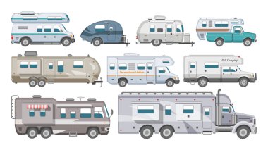 Karavan karavan kamp karavan ve karavan araç seyahat ya da yolculuk illüstrasyon taşınabilir kümesi için kamp van veya beyaz arka plan üzerinde izole turizm ulaşım vektör
