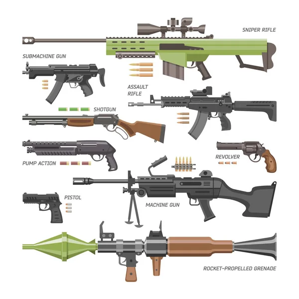 銃ベクトル軍事武器や軍隊拳銃と戦争自動銃やライフル ショットガンやリボルバーは、白い背景で隔離の弾丸イラスト セット — ストックベクタ