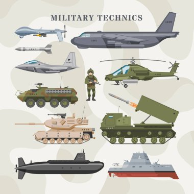 Askeri teknik vektör Ordu nakliye uçağı ve zırhlı tank veya illüstrasyon teknik dizi zırhlı Havacılık ve zırhlı denizaltı kamuflaj arka plan üzerinde izole helikopter