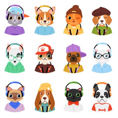 Hayvan Kulaklığımda vektör hayvansı karakter kedi ya da köpek müzik illüstrasyon karikatür vahşi köpek ve kedi dj şapka veya beyaz arka plan üzerinde izole kulaklık kümesi dinlerken kulaklık