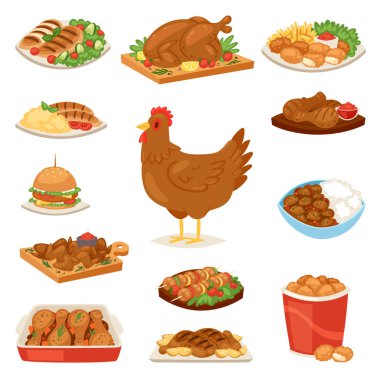 Tavuk vektör karikatür piliç karakter tavuk ve gıda-kanat sebze ve barbekü sosis yemek illüstrasyon takımı fastfood hamburger ve patates kızartması beyaz arka plan üzerinde izole için