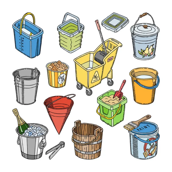 Seau seau vecteur seau ou seau en bois seau et enfants seau en plastique pour jouer illustration vide seau ensemble de bitbucket avec champagne et récipient de nourriture isolé sur fond blanc — Image vectorielle