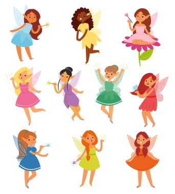 Peri kız vektör sihirli peri karakter ve beyaz arka plan üzerinde güzel kızım faerie pixy sihirli kanatlı fairyland illüstrasyon fairyism kümesindeki masal prensesi izole fantezi