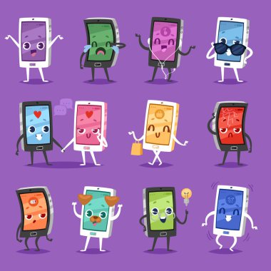 Telefon emoji vektör aygıtı karakter akıllı telefon veya tablet yüz ifadesi, dijital cihaz cep telefonu duygusal seti veya cep telefonu duyguları ve arka planda izole edilmiş gülümseme