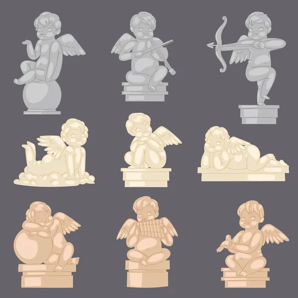 Angel standbeeld vector engelachtige cupid beeldhouwkunst en lovely baby karakter met vleugels van Valentines of bruiloft dag illustratie verzameling van oude marmeren monument geïsoleerd op achtergrond — Stockvector