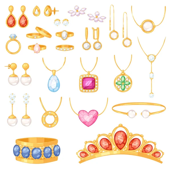 Biżuteria Biżuteria wektor złota bransoletka naszyjnik kolczyki i pierścionki srebrne z diamentami jewel akcesoria zestaw ilustracja na białym tle — Wektor stockowy