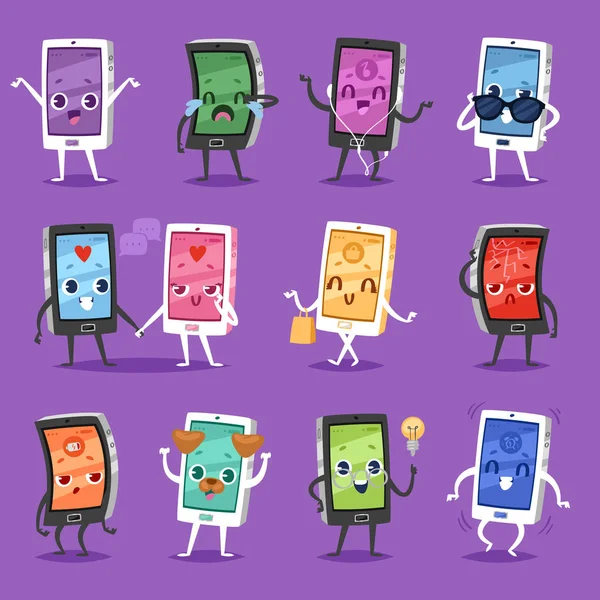 Teléfono emoji vector gadget carácter smartphone o tableta con expresión facial ilustración emocional conjunto de dispositivo digital celular o móvil emoción con ojos y sonrisa aislados en el fondo — Vector de stock
