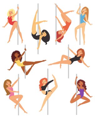 Pole dans kız vektör poz ve illüstrasyon izole beyaz arka plan üzerinde dans poledance dansçı fitness seksi poz striptizci kadın ayarla