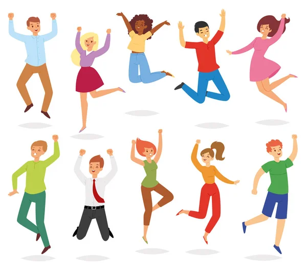 Springen mensen vector gelukkige vrouw of man teken in activiteit van geluk en vrijheid illustratie set volwassenen glimlachen van mannen en vrouwen springen energie geïsoleerd op witte achtergrond — Stockvector