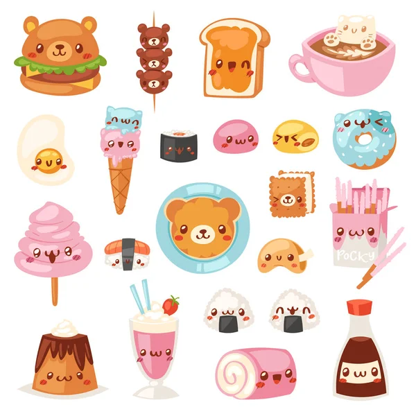 Τροφίμων kawaii διάνυσμα χαρακτήρες κινουμένων σχεδίων φέρουν έκφραση του fastfood χάμπουργκερ με παγωτό ή ντόνατ φατσούλα εικονογράφηση σύνολο burger συγκίνηση και καφέ emoji που απομονώνονται σε λευκό φόντο — Διανυσματικό Αρχείο