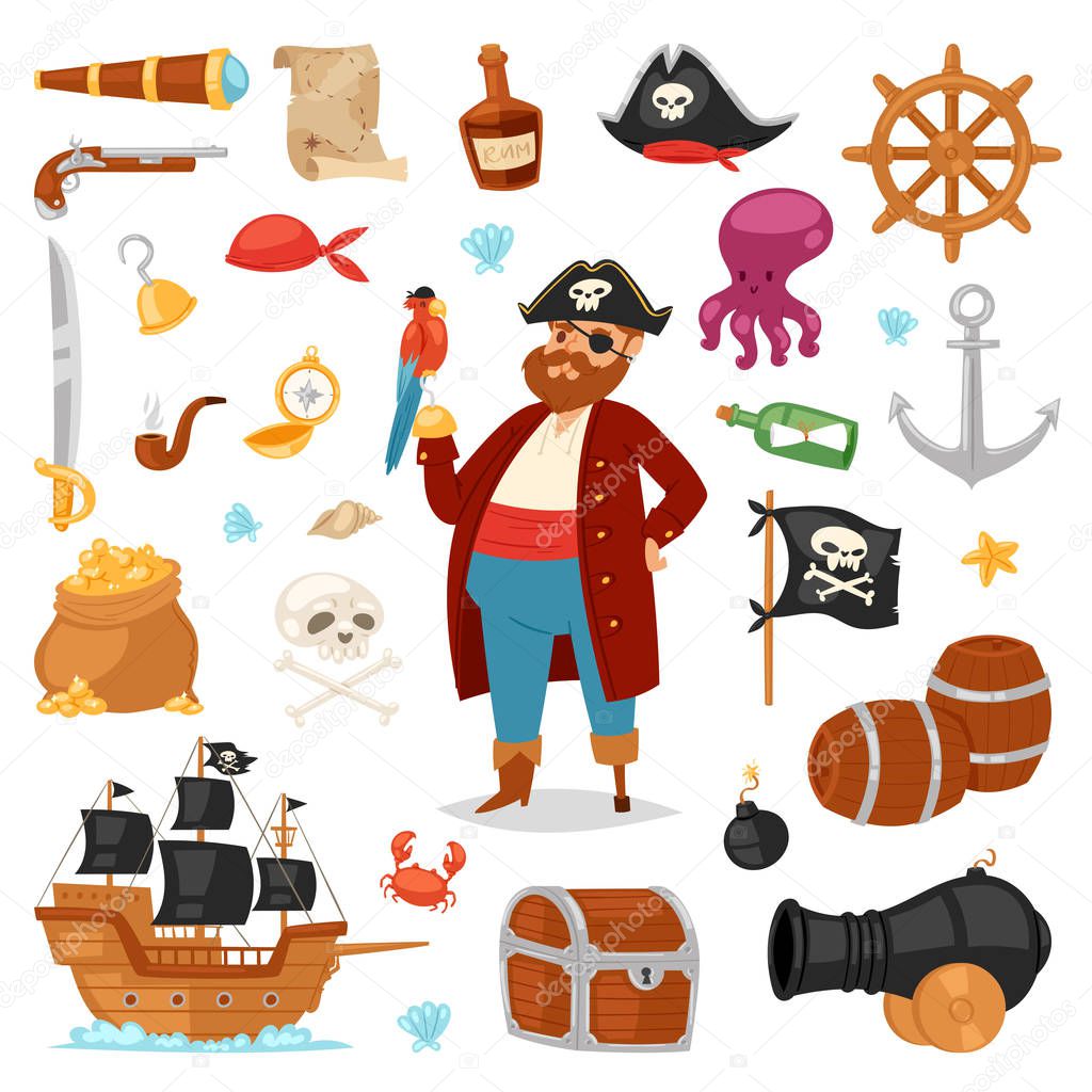 Pirate vector piratic character buccaneer man in pirating costume in hat with sword illustration set of piracy signs and ship or sailboat isolated on white background