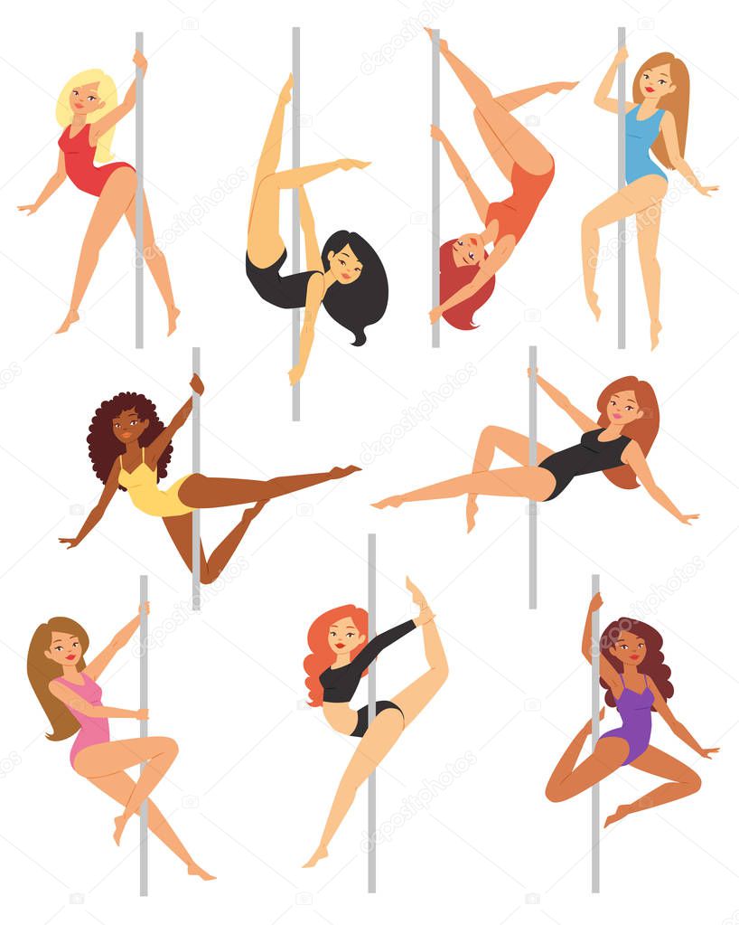 Pole dance girl vector set woman poledance dancer fitness sexy pose stripper posing and dancing illustration isolated on white background