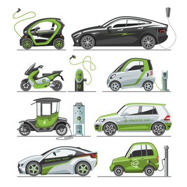 Elektrik vektör araba güneş panelleri Eko elektro taşıma illüstrasyon otomobil soket elektrik akü şarj cihazı ile.