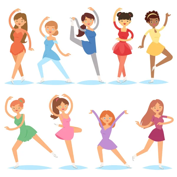 Figura patinador vector mujeres belleza deporte niñas haciendo ejercicio y trucos salto personajes bailarina figurista patines niñas rendimiento ilustración — Archivo Imágenes Vectoriales