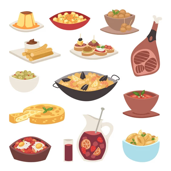 Spanyolország konyha vektor élelmiszer konyha hagyományos étel recept spanyol snack tapas ropogós kenyér étel gasztronómia illusztráció. — Stock Vector