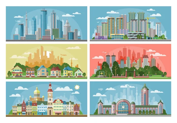 Cityscape vector pemandangan kota dengan bangunan arsitektur perkotaan atau konstruksi dan rumah-rumah di jalan-jalan kota ilustrasi set pemandangan pusat kota dengan skyline dan pencakar langit - Stok Vektor