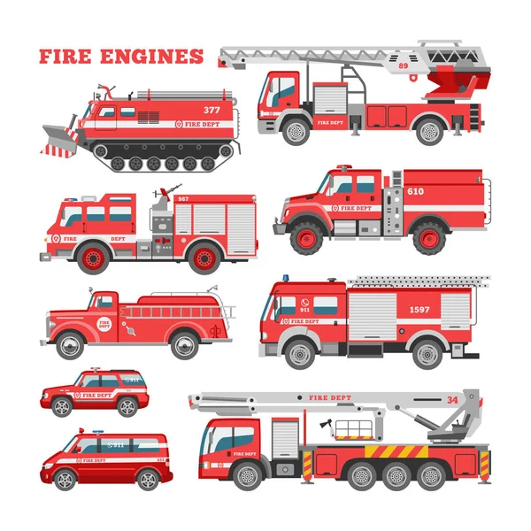 Fire engine vector firefighting emergency vehicle or red firetruck with firehose and ladder illustration set of firefighters car or fire-engine transport isolated on white background — Stock Vector
