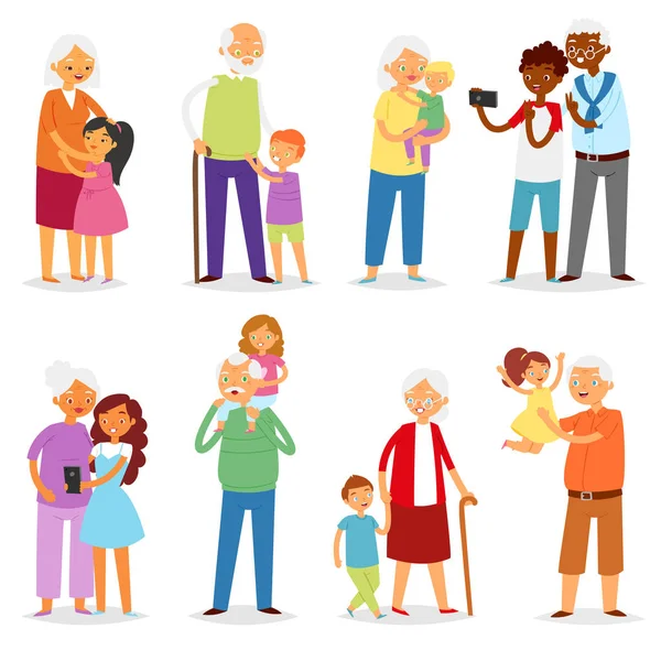 Avós vetor família juntos avô ou avó com netos ilustração conjunto de pessoas idosas personagem avó ou vovô com crianças menino ou menina isolado no fundo branco —  Vetores de Stock