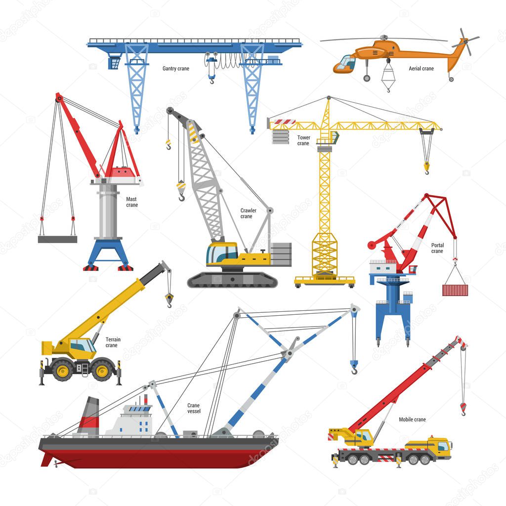 Crane vector tower-crane and industrial building equipment or constructiontechnics illustration set of high gantry or portal-crane isolated on white background