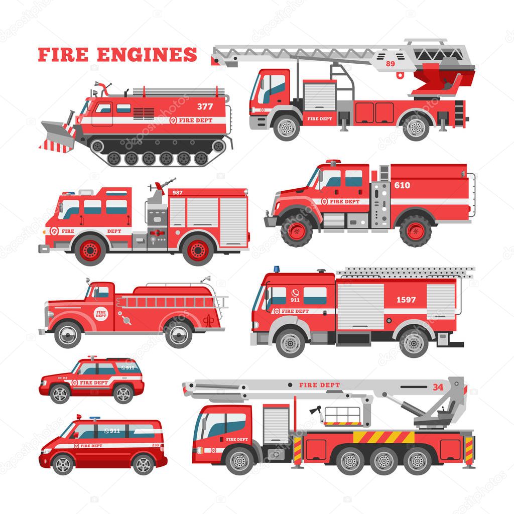 Fire engine vector firefighting emergency vehicle or red firetruck with firehose and ladder illustration set of firefighters car or fire-engine transport isolated on white background