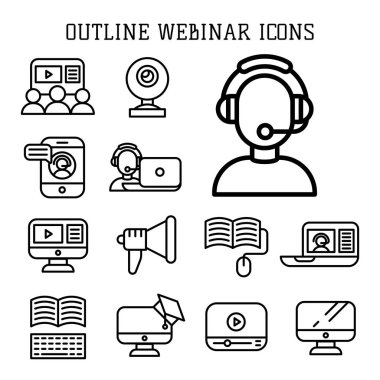 Vektör illüstrasyon iş webinar ve online eğitim internet eğitimler simgeleri anahat.