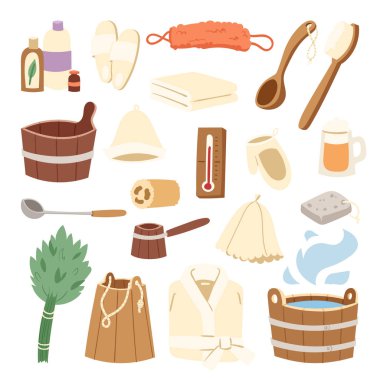 Banyo ev vektör sauna sıcak su spa termal buhar sağlık kavramı banyo süpürge sauna kovası çizim