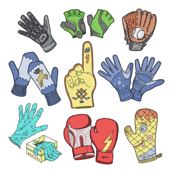 グローブ ベクトル ウールのミトンと保護 boxxing 手袋や手指が白い背景で隔離のニットのミトンの手袋のイラスト セット — ストックベクタ