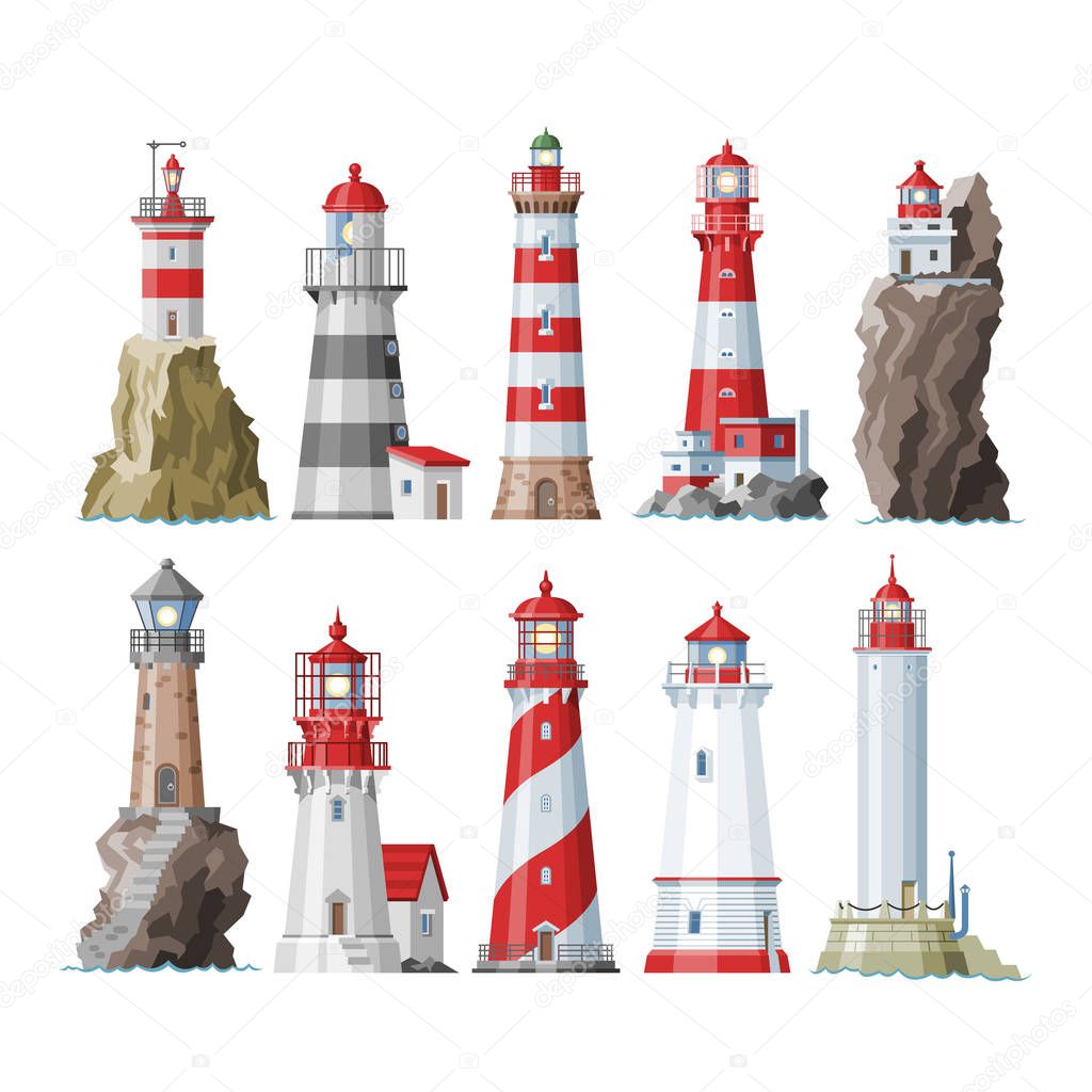 Lighthouse vector beacon lighter beaming path of lighting to ses from seaside coast illustration set of lighthouses isolated on white background