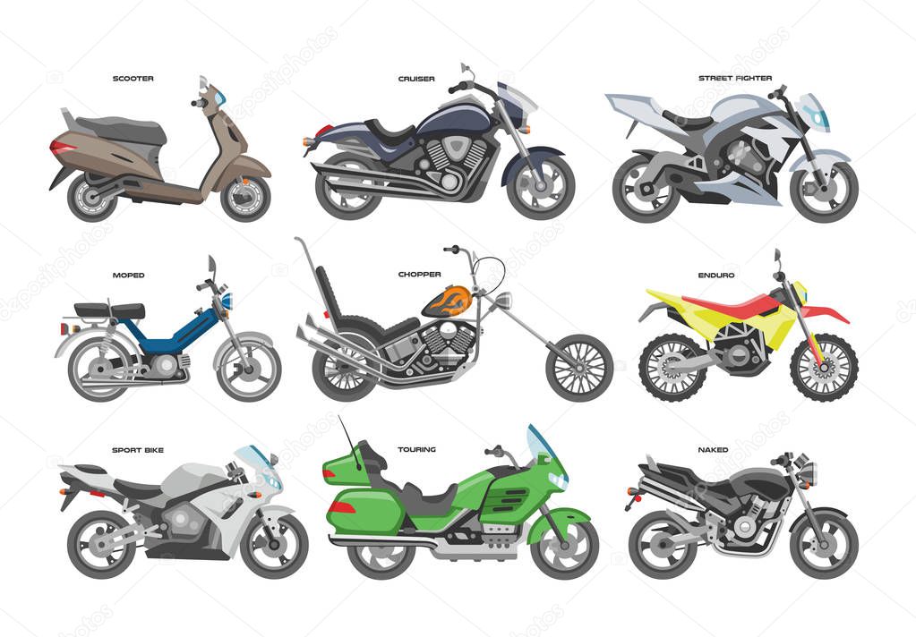 Motorcycle vector motorbike or chopper and motoring cycle ride transport illustration motorcycling set of scooter motor bike isolated on white background