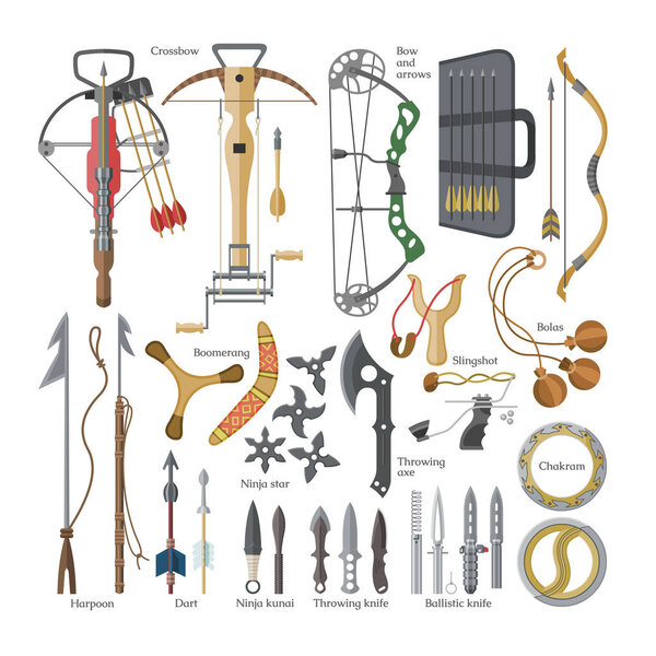 Бросок оружия векторные острые стрелы из арбалета и ножа или топора иллюстрации оружие набор ниндзя-кунай или сюрикен и гарпун ручки бронетехники изолированы на белом фоне
