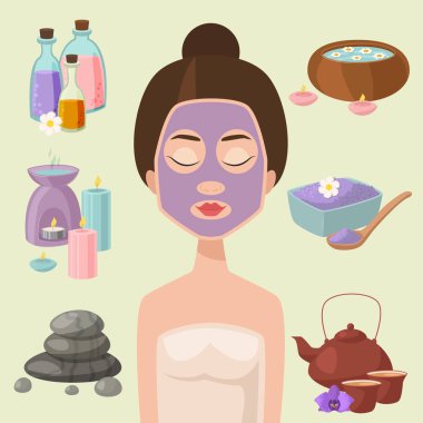 Güzel kadın kaplıca tedavisi, güzellik yordamlar sağlık simgeler vektör çizimleri.