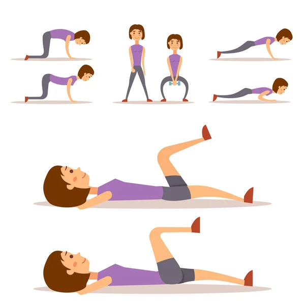 Mujer joven está haciendo ejercicio en el hogar fitness carácter entrenamiento vida sana y dieta concepto vector ilustración . — Vector de stock