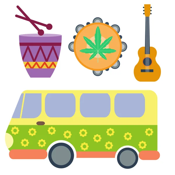 Campers vacaciones viaje coche y rastafarian música vacaciones remolque casa vector ilustración plana transporte — Archivo Imágenes Vectoriales