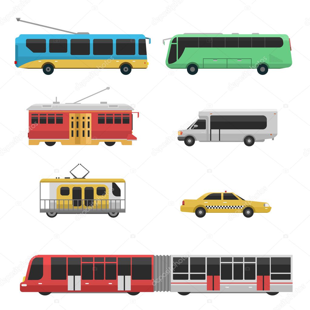 City transport set and public industry vector flat illustrations traffic vehicle street tourism modern business cityscape business travel way.