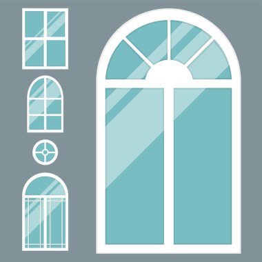 Farklı türleri windows öğeleri düz stil cam çerçeveler inşaat dekorasyon daire vektör çizim ev.