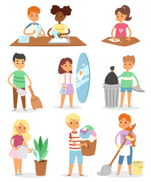 Crianças salas de limpeza vetorial e ajudando suas mães tarefas domésticas personagens de desenhos animados limpar ilustração conjunto colorido com — Vetor de Stock