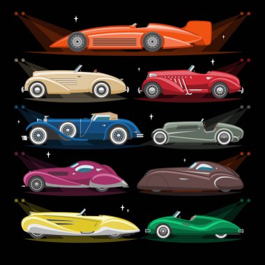 Otomotiv araç ve CITYCAR aydınlatma Far ile arka plan illüstrasyon izole art deco araba vektör retro lüks oto taşıma ve art-deco modern otomobil illüstrasyon set eski