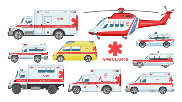 Автомобіль швидкої допомоги вектор аварійно-рятувальний апарат або фургон і медичний транспорт в лікарні ілюстрація набір послуг з перевезення допомоги 911 вертольотів ізольовані на білому тлі — стоковий вектор