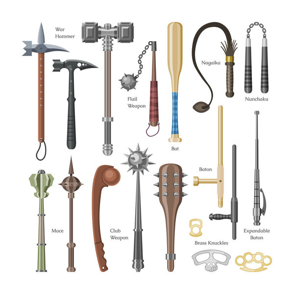 Medieval weapons vector ancient protection warrior and antique metal hammer illustration weaponry set of flail-weapon and armour mace equipment isolated on white background