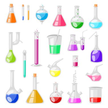 Tüp şişesi vektör kimyasal cam test tüpleri bilimsel araştırma veya deneme illüstrasyon Kimya cam beyaz arka plan üzerinde izole kümesi için sıvı ile dolu