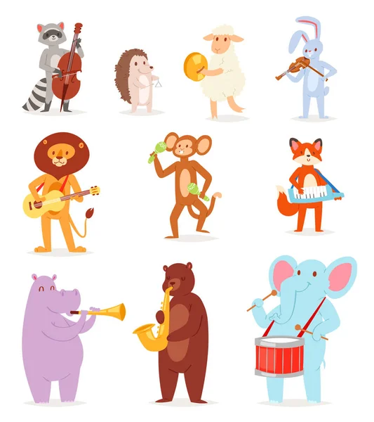 Animal music vector animalistic character musician lion or rabbit playing on musical instruments guitar and violin illustration set of elephant or monkey with drum isolated on white background — Stock Vector